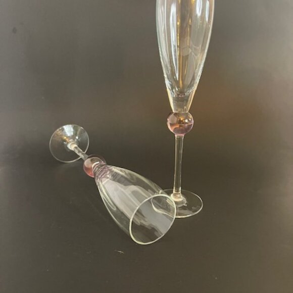 Pair of Elegant Champagne Flutes – 9.5" Tall, Long Stem with Pink Ball Decor - Picture 3 of 8